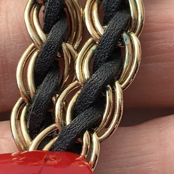 Ann Taylor long leather woven gold tone crystal charm statement necklace - Picture 7 of 9